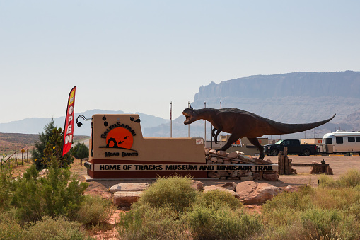 Moab, Utah, USA - August 22nd, 2020: Moab Giants Dinosaur Park and Museum Sign