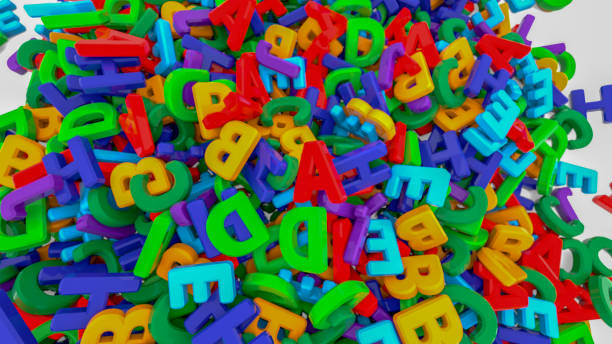 istock Alphabet letters on plain background. Plastic alphabet letters on white background. Rainbow colors. 3D illustration. 3D rendering 1397232286