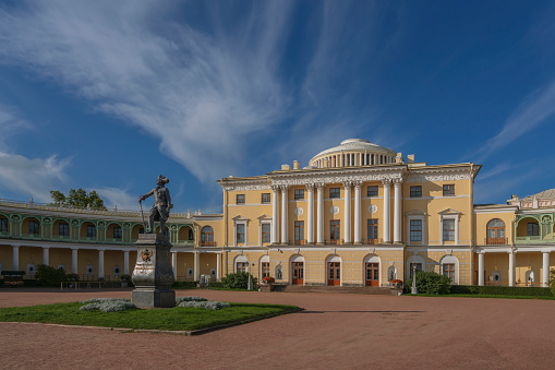 Summer Palace of Emperor Paul I in Pavlovsk on a sunny autumn morning, St. Petersburg Russia. The inscription on the monument: \