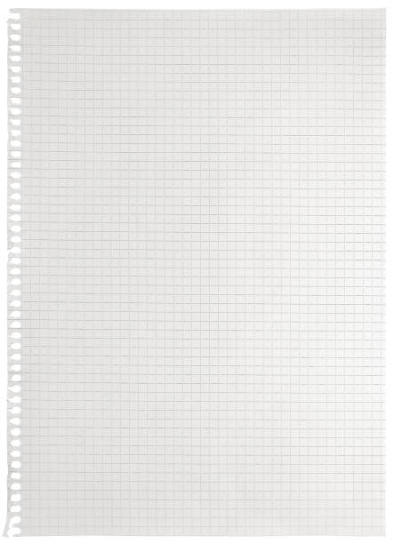 Checked spiral notebook page paper background, old aged white chequered ring binder sheet flat lay A4 copy space, isolated vertical grey squared pattern maths notepad, torn out stapled blank empty blocknote notepaper closeup, school concept metaphor, larg stock photo