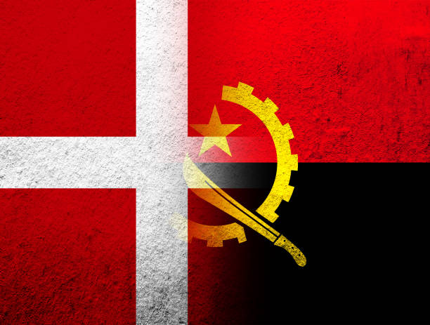 die nationalflagge des königreichs dänemark mit der nationalflagge der republik angola. grunge-hintergrund - danish culture denmark old fashioned sign stock-grafiken, -clipart, -cartoons und -symbole