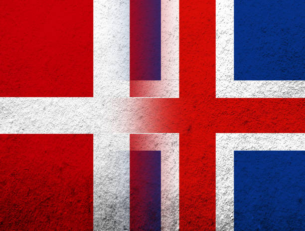 die nationalflagge des königreichs dänemark mit der nationalflagge islands. grunge-hintergrund - danish culture denmark old fashioned sign stock-grafiken, -clipart, -cartoons und -symbole