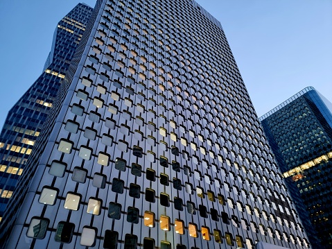 The Skyscraper Ariane in La Défense was planned by Jean De Mailly and Robert Zammit. The building with a height of 134m. and 36 floors was realized in 1975 and renovated in 2007. The image was captured at dusk in springtime.