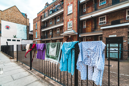 Laundry hanging outside a council flat in London