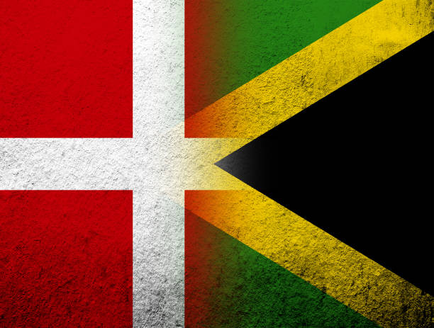 die nationalflagge des königreichs dänemark mit der nationalflagge von jamaika. grunge-hintergrund - danish culture denmark old fashioned sign stock-grafiken, -clipart, -cartoons und -symbole