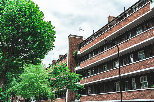 exterior view of modern rental apartment buildings and road