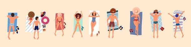 ilustrações, clipart, desenhos animados e ícones de as pessoas na praia ou no litoral relaxam e tomam sol. - tree large group of people sand sunbathing