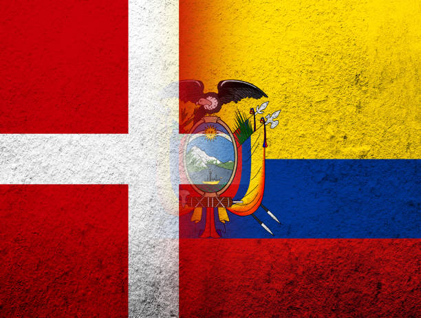 die nationalflagge des königreichs dänemark mit der nationalflagge der republik ecuador. grunge-hintergrund - danish culture denmark old fashioned sign stock-grafiken, -clipart, -cartoons und -symbole