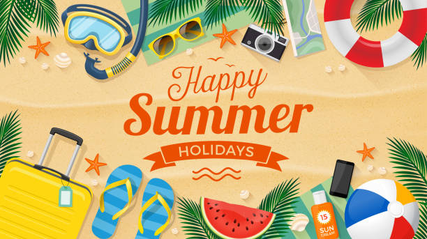 Happy Summer Holidays with beach summer accessories. Summer vector illustration. Summer beach elements on the beach. summer stock illustrations