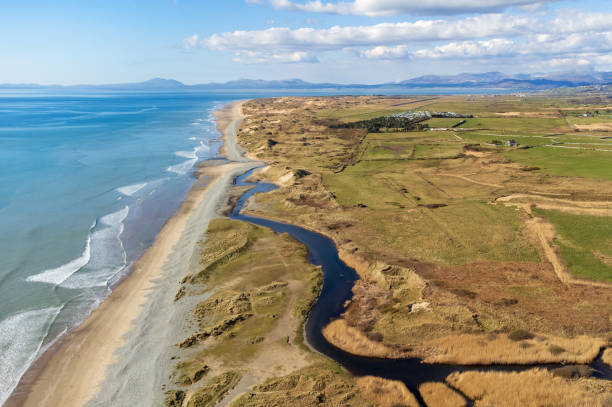 Aerial view of Tywyn Beach on the Cambrian Coast, North West Wales, UK stock photo