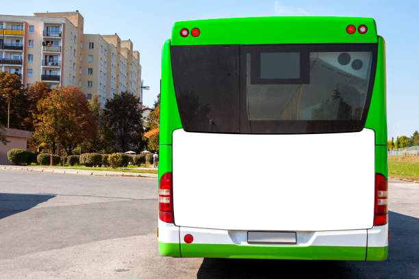 Blank white advertising billboard on back of the bus