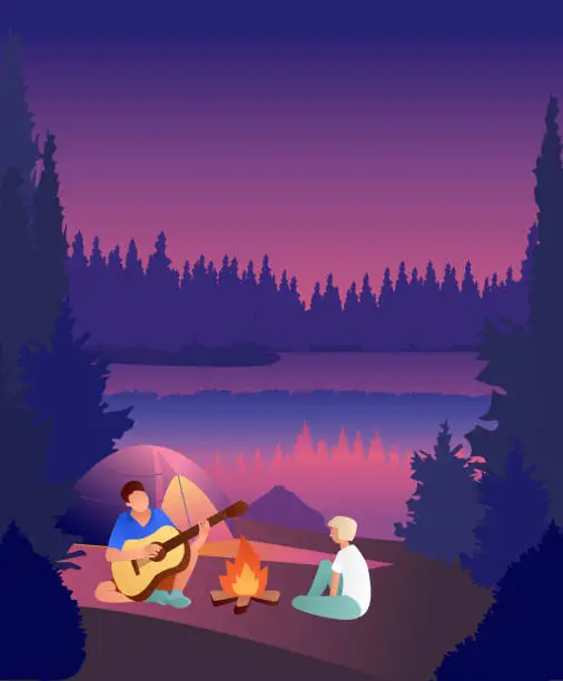 Vector illustration of Summer camp, boy playing guitar. Friends near campfire with tent. Summertime vacation, camping, traveling, trip, hiking activities. Editable vector illustration