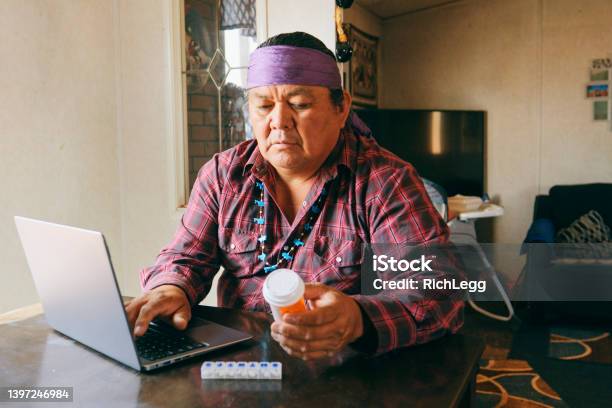 Mature Man Filling Medicine Prescription Online Stock Photo - Download Image Now - Indigenous Peoples of the Americas, Healthcare And Medicine, Patient