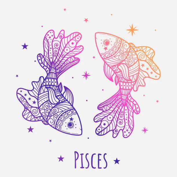 Vector illustration of Colorful zodiac sign Pisces vector lineart. Easy to recolor.