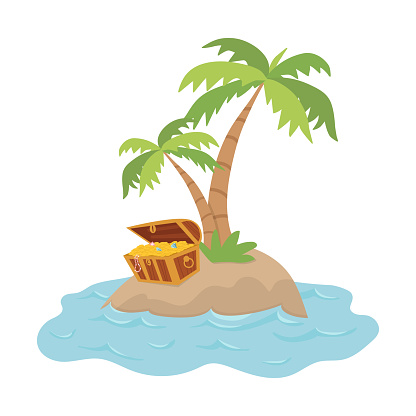 Cartoon treasure island, palm trees and chest with gold coins.