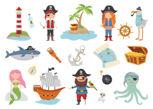 piraten-zeichentrickfiguren-set, flacher stil. pirat, schatzinsel, hai, oktopus, möwe, meerjungfrau, schiff und leuchtturm. - seeräuber stock-grafiken, -clipart, -cartoons und -symbole