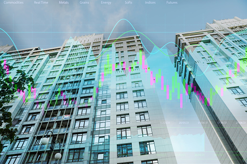Double exposure of online trading platform and buildings in city center. Stock exchange