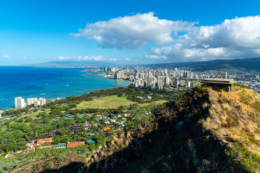 Beautiful view of Waikiki from the top of Diamond Head trail in Oahu