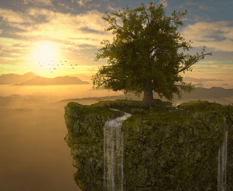 Symbolic image of the Tree of Life standing high above the mountains promising immortality, 3d render.