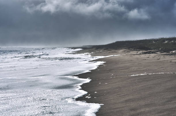 Stormy sea, brown dark beach sand and storm clouds at dramatic blue sky, crashing white waves on the shore