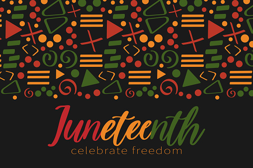 Juneteenth banner with tribal African pattern ornament - red, yellow, green. Background for banner, postcard, flyer vector design.