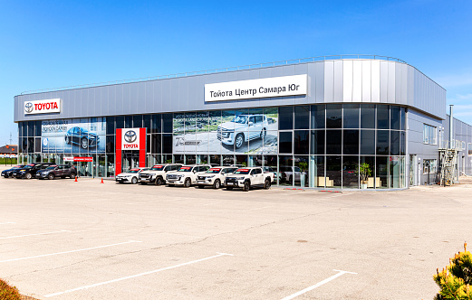 Samara, Russia - May 08, 2022: Toyota dealership office. Toyota Motor Corporation is a Japanese automotive manufacturer