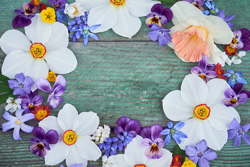 flat lay of Wreath on table, Narcissus poeticus