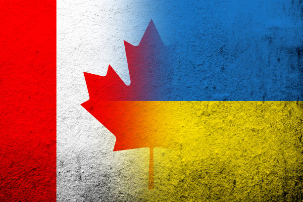 National flag of Canada with National flag of Ukraine. Grunge background National flag of Canada with National flag of Ukraine. Grunge background ukrainian language stock illustrations