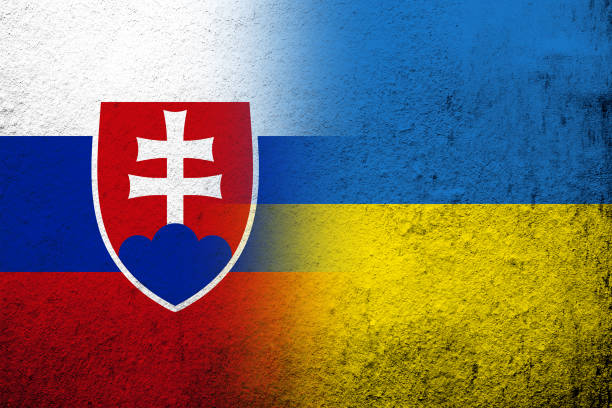 national flag of slovakia with national flag of ukraine. grunge background - slovakia stock illustrations