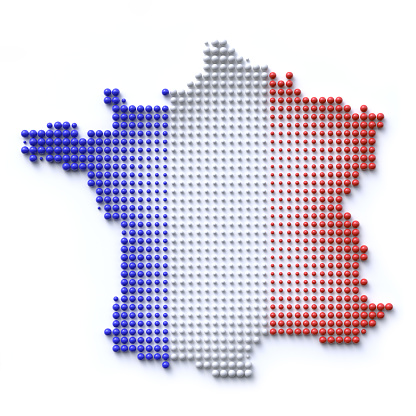 France Map consisting of many 3d spheres. France flag colors