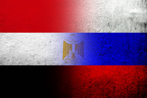 nationalflagge der russischen föderation mit der nationalflagge der arabischen republik ägypten. grunge-hintergrund - president of russia stock-grafiken, -clipart, -cartoons und -symbole