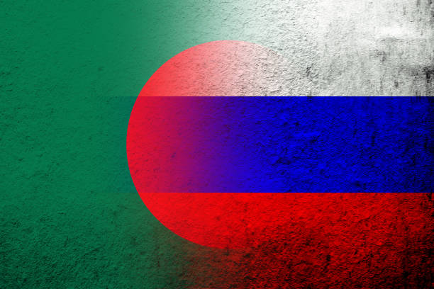 ilustrações, clipart, desenhos animados e ícones de bandeira nacional da federação russa com bandeira nacional da república popular de bangladesh. fundo grunge - flag russian flag russia dirty