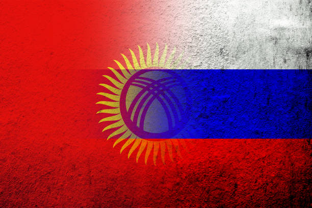 illustrazioni stock, clip art, cartoni animati e icone di tendenza di bandiera nazionale della federazione russa con la bandiera nazionale del kirghizistan della repubblica del kirghizistan. sfondo grunge - presidente della russia