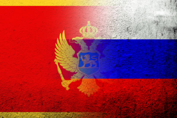 National flag of Russian Federation with National flag of Montenegro. Grunge background National flag of Russian Federation with National flag of Montenegro. Grunge background montenegro stock illustrations