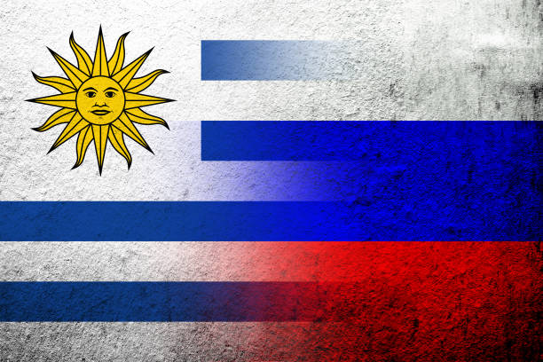 nationalflagge der russischen föderation mit der orientalischen republik der uruguayischen nationalflagge. grunge-hintergrund - oriental republic of uraguay stock-grafiken, -clipart, -cartoons und -symbole