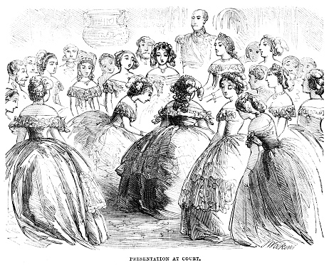 Young women, debutantes, at their coming-out-party at court, being introduced into society. Wood Block Engravings published in 1860. Original edition is from my own archives. Copyright has expired and is in Public Domain.