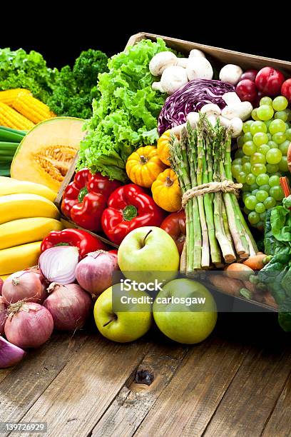 Rustic Crate Full Of Fruits And Vegetables Stock Photo - Download Image Now - Backgrounds, Fruit, Vegetable