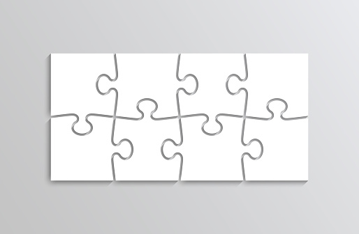 Thinking puzzle game. 8 pieces jigsaw outline grid. Thinking game with separate shapes. Simple mosaic layout. Modern puzzle background. Laser cut frame. Vector illustration.