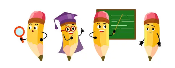 Vector illustration of Set of cartoon yellow pencils with eraser. Childish school pencils wearing graduation cap