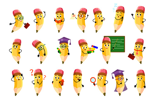 Set of cartoon yellow pencils school characters with emoji and eraser. Childish graduation pencils happy, cheerful, frustrated and tired isolated on white background. Vector illustration