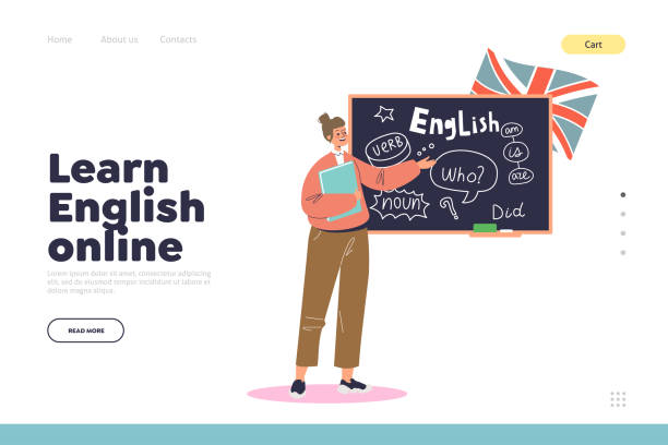Learn English online concept of landing page with teacher at blackboard explaining language lesson vector art illustration
