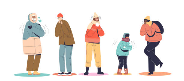 Set of people wearing warm wither clothes and freezing shivering from cold, tremble, embracing body Set of people wearing warm wither clothes and freezing shivering from cold, trembling, embracing bodies and dancing to warm up. Unhappy men and women frozen. Cartoon flat vector illustration shivering stock illustrations