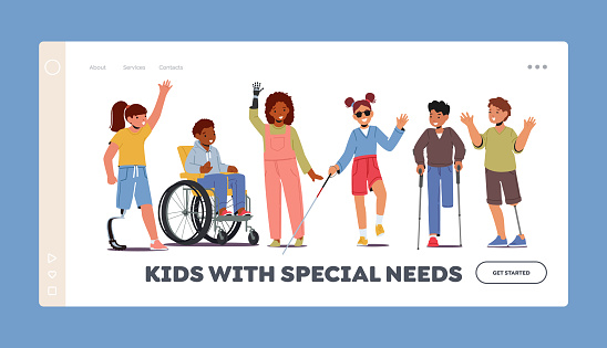 Kids Disability Landing Page Template. Disabled Children Characters on Wheelchair, Bionic Hand, Leg Prosthesis