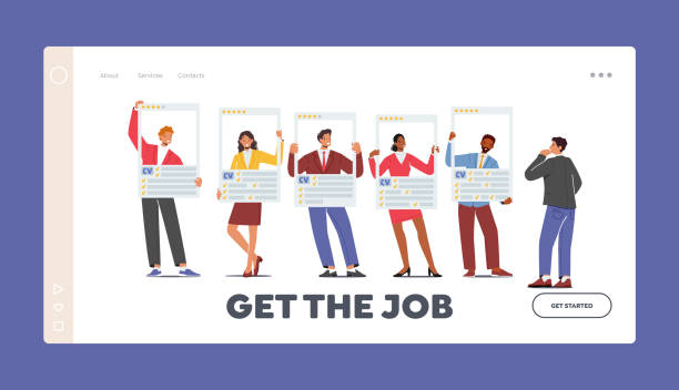 ilustrações de stock, clip art, desenhos animados e ícones de get the job landing page template. unemployed characters holding resume paper sheet with avatar and skills, job seekers - human resources job search skill teaching