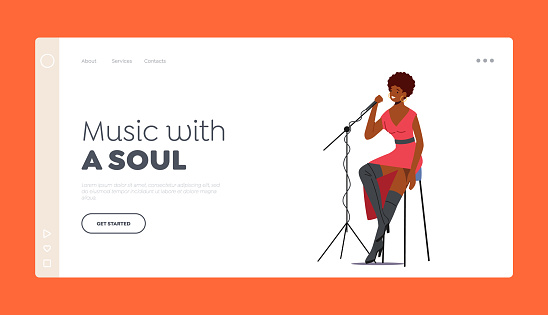 Singer Performance Landing Page Template. African Woman Sitting on Stage with Microphone Singing Song in Jazz Band