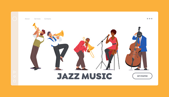 Jazz Band on Stage Performing Music Concert Landing Page Template. Artists Characters and Singer on Scene