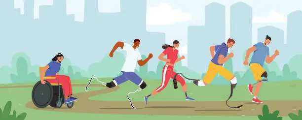 Vector illustration of Young Amputee Men or Women Outdoors Running. Disabled Athlete Characters Run City Marathon, Sportsmen and Sportswomen