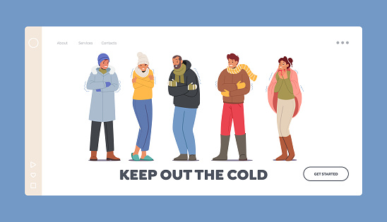 Freezing People Landing Page Template. Male and Female Characters Wearing Warm Winter Clothes Suffering of Cold Weather Low Minus Degrees Temperature, Wintertime Freeze. Cartoon Vector Illustration