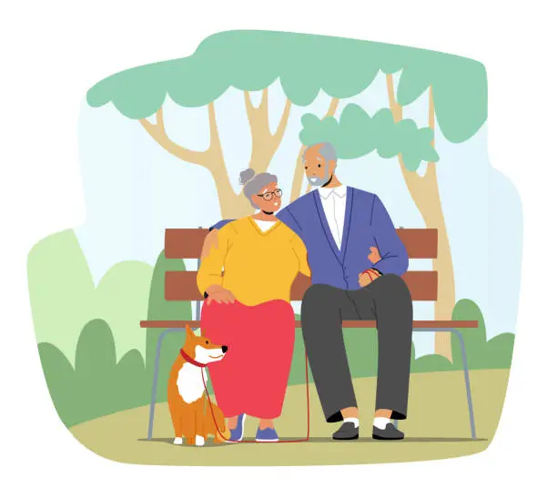 Vector illustration of Elderly Couple Characters Spending Time With Dog at City Park. Happy Smiling Senior Man and Woman Sitting on Bench