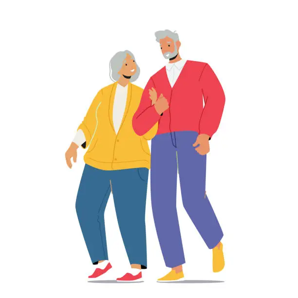 Vector illustration of Senior Married Couple Holding Hands Walk Together Isolated on White Background. Elderly Family Love, Sparetime